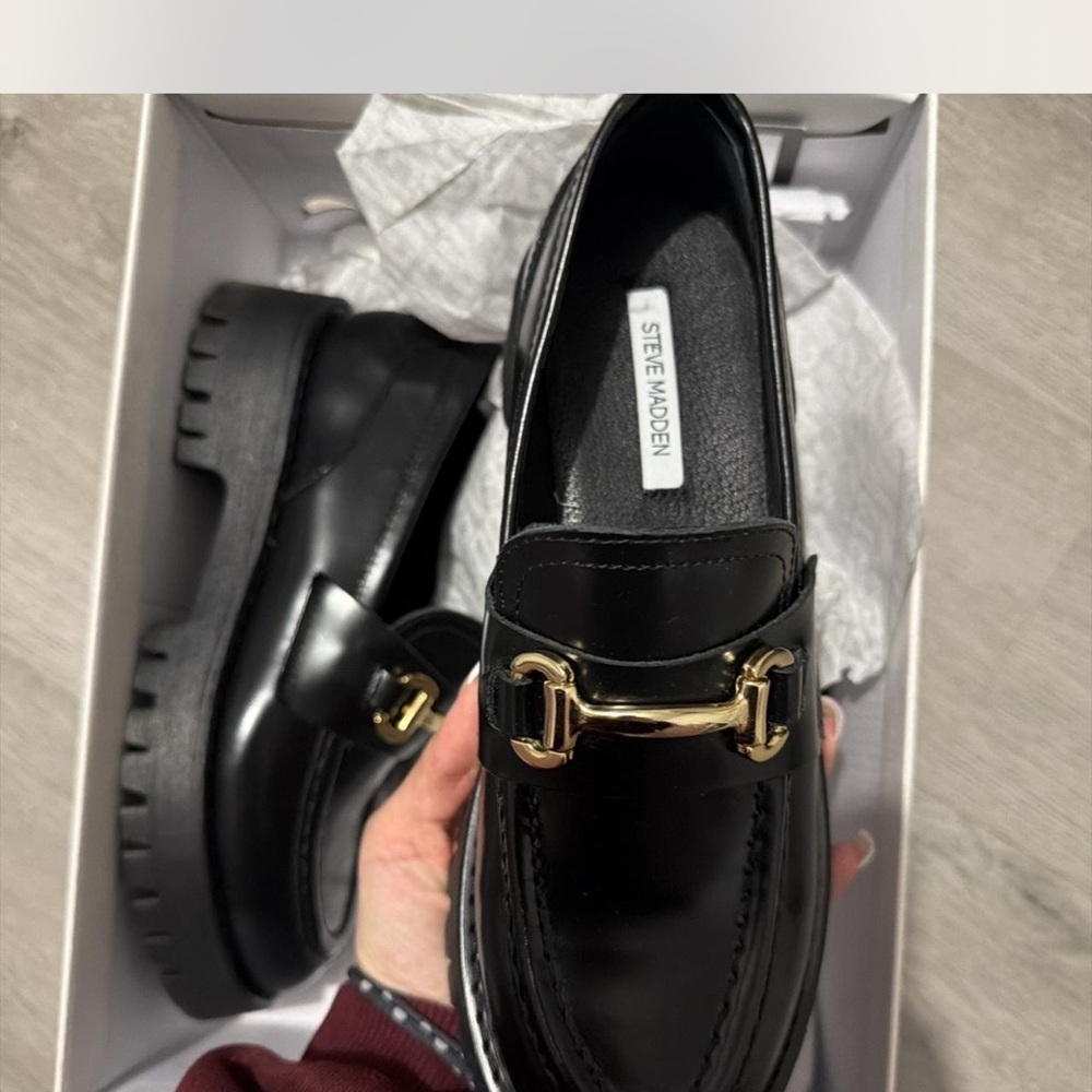 Steve Madden Black Leather Loafers with Gold Horsebit